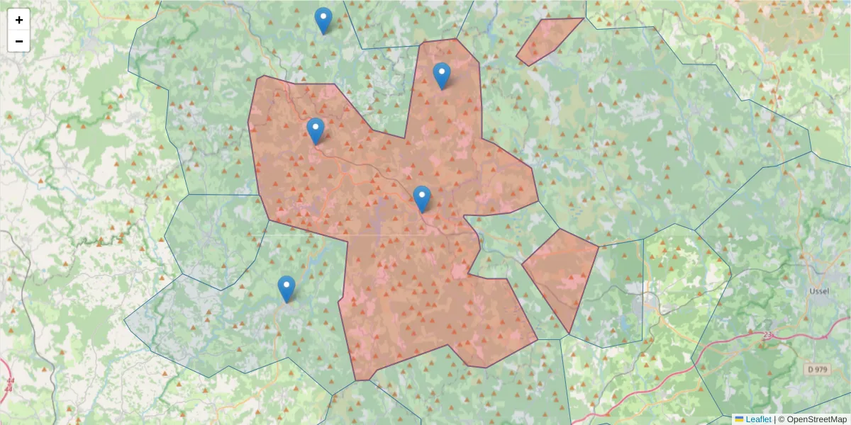 Carte de la zone du code postal  et des codes postaux voisins en France