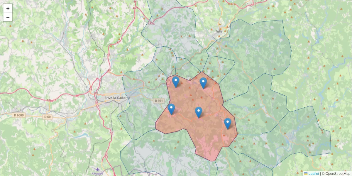 Carte de la zone du code postal  et des codes postaux voisins en France