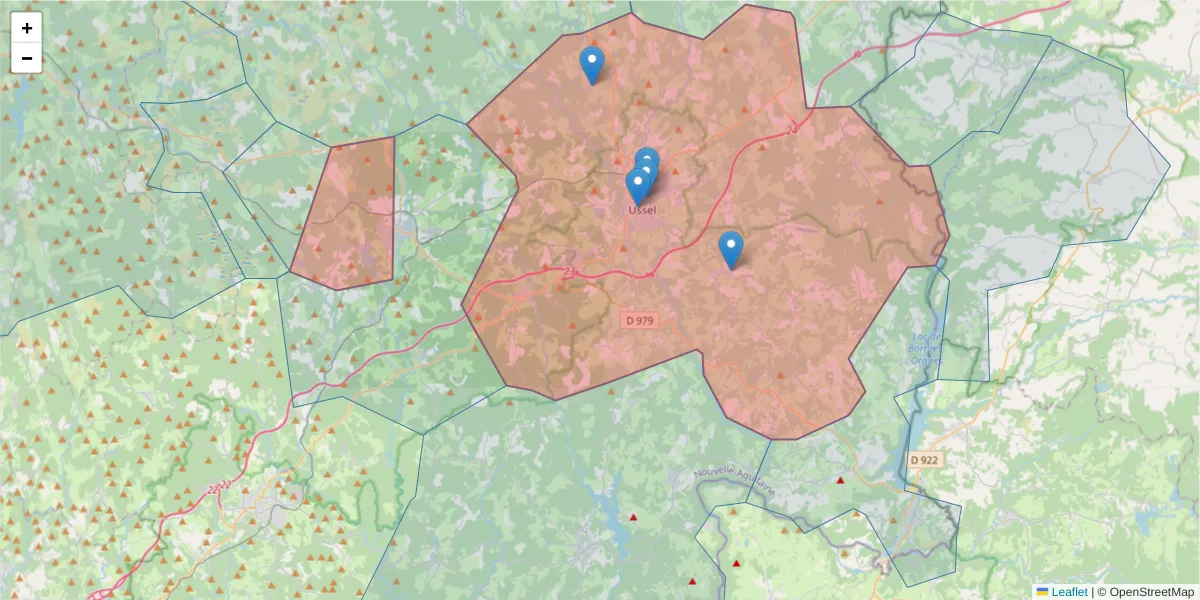 Carte de la zone du code postal  et des codes postaux voisins en France