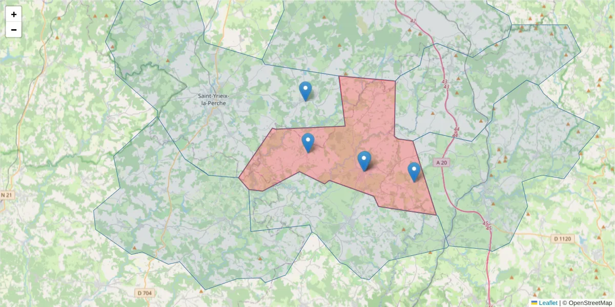 Carte de la zone du code postal  et des codes postaux voisins en France