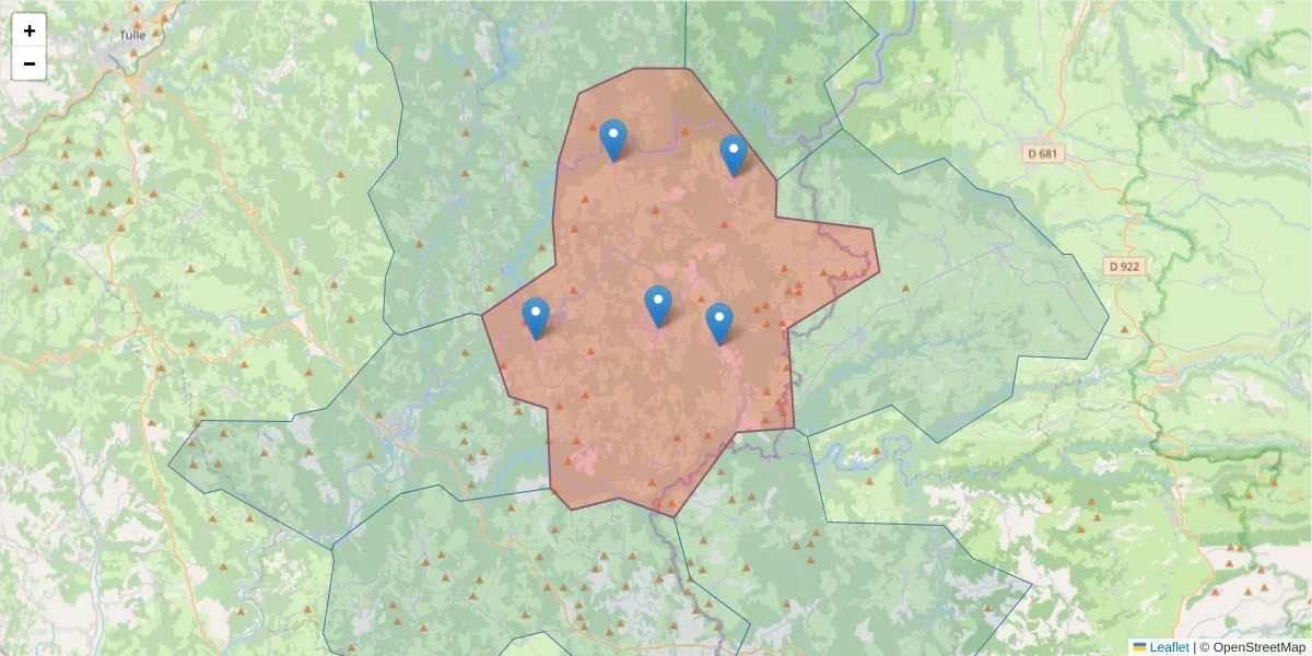 Carte de la zone du code postal  et des codes postaux voisins en France
