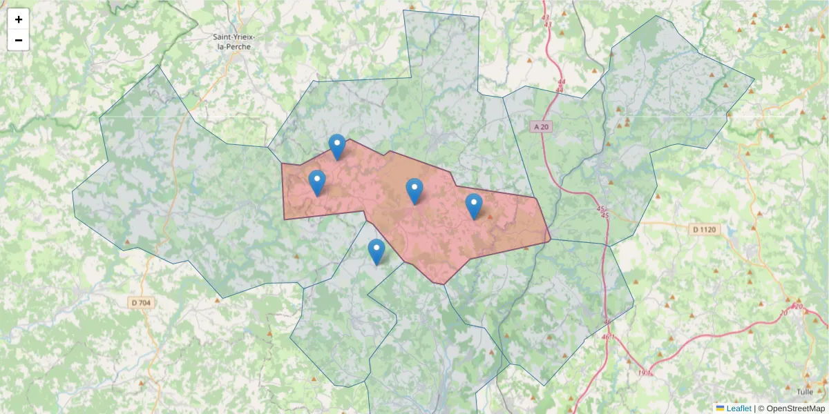 Carte de la zone du code postal  et des codes postaux voisins en France
