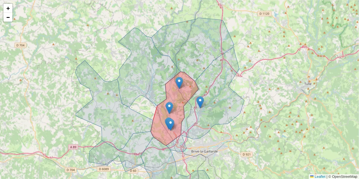 Carte de la zone du code postal  et des codes postaux voisins en France