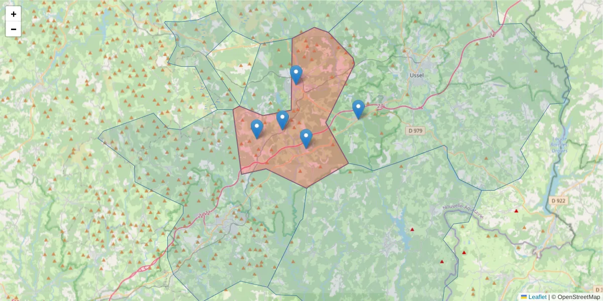 Carte de la zone du code postal  et des codes postaux voisins en France