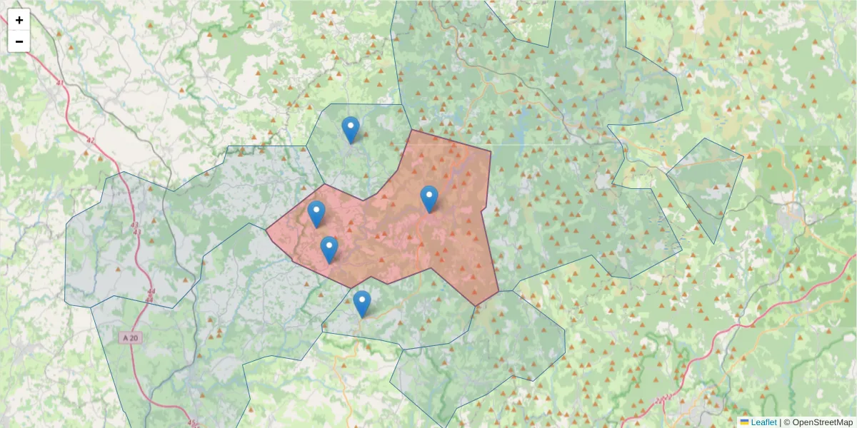 Carte de la zone du code postal  et des codes postaux voisins en France
