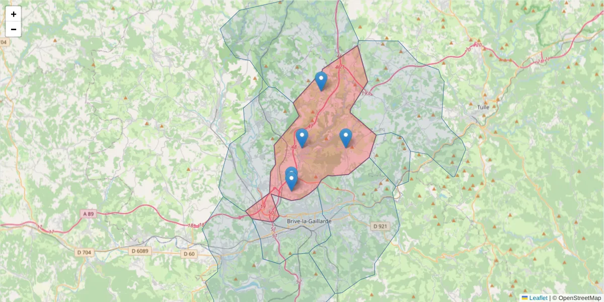 Carte de la zone du code postal  et des codes postaux voisins en France