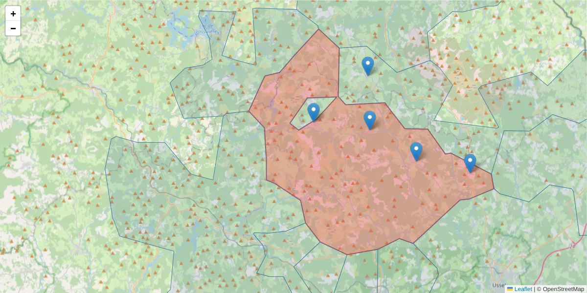 Carte de la zone du code postal  et des codes postaux voisins en France