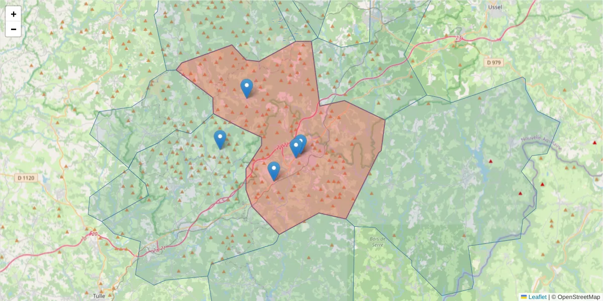 Carte de la zone du code postal  et des codes postaux voisins en France
