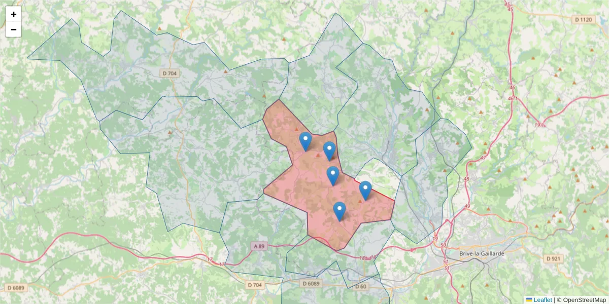 Carte de la zone du code postal  et des codes postaux voisins en France