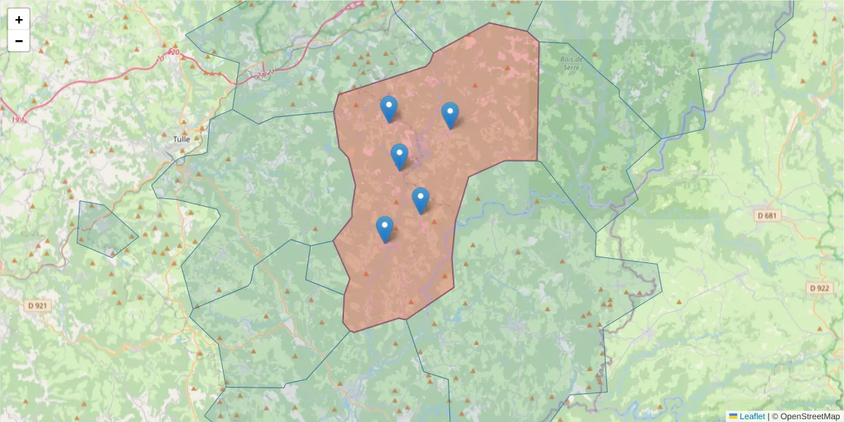 Carte de la zone du code postal  et des codes postaux voisins en France