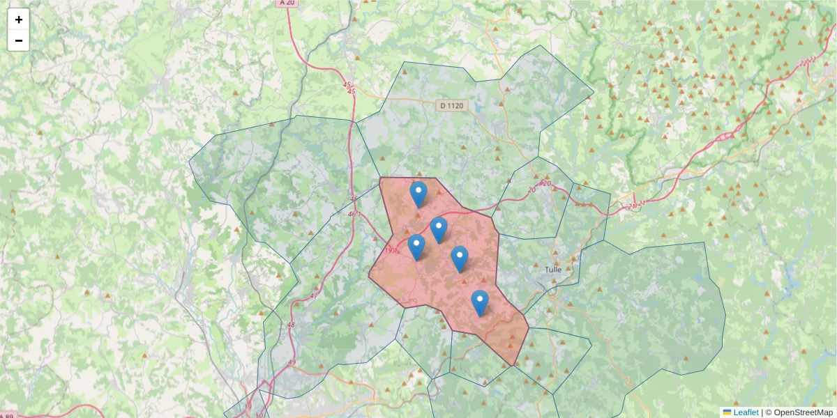 Carte de la zone du code postal  et des codes postaux voisins en France