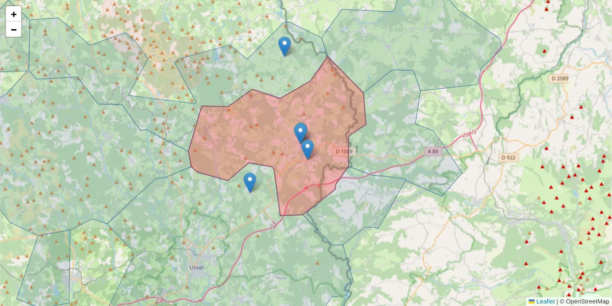 Carte de la zone du code postal  et des codes postaux voisins en France