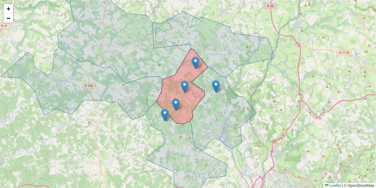 Carte de la zone du code postal  et des codes postaux voisins en France