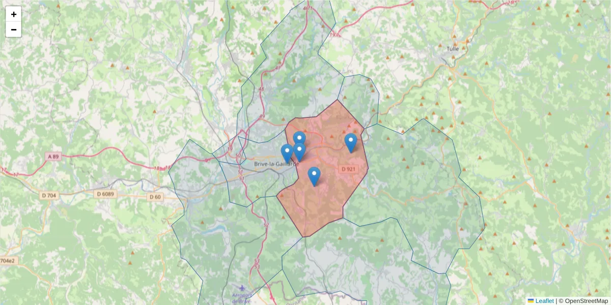 Carte de la zone du code postal  et des codes postaux voisins en France