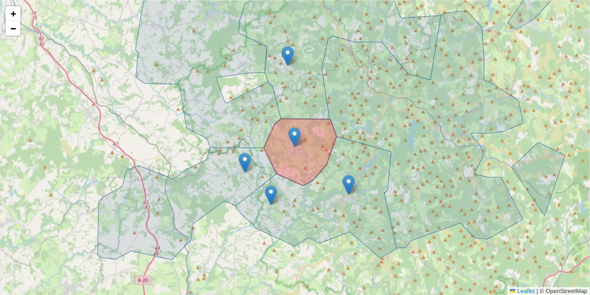 Carte de la zone du code postal  et des codes postaux voisins en France