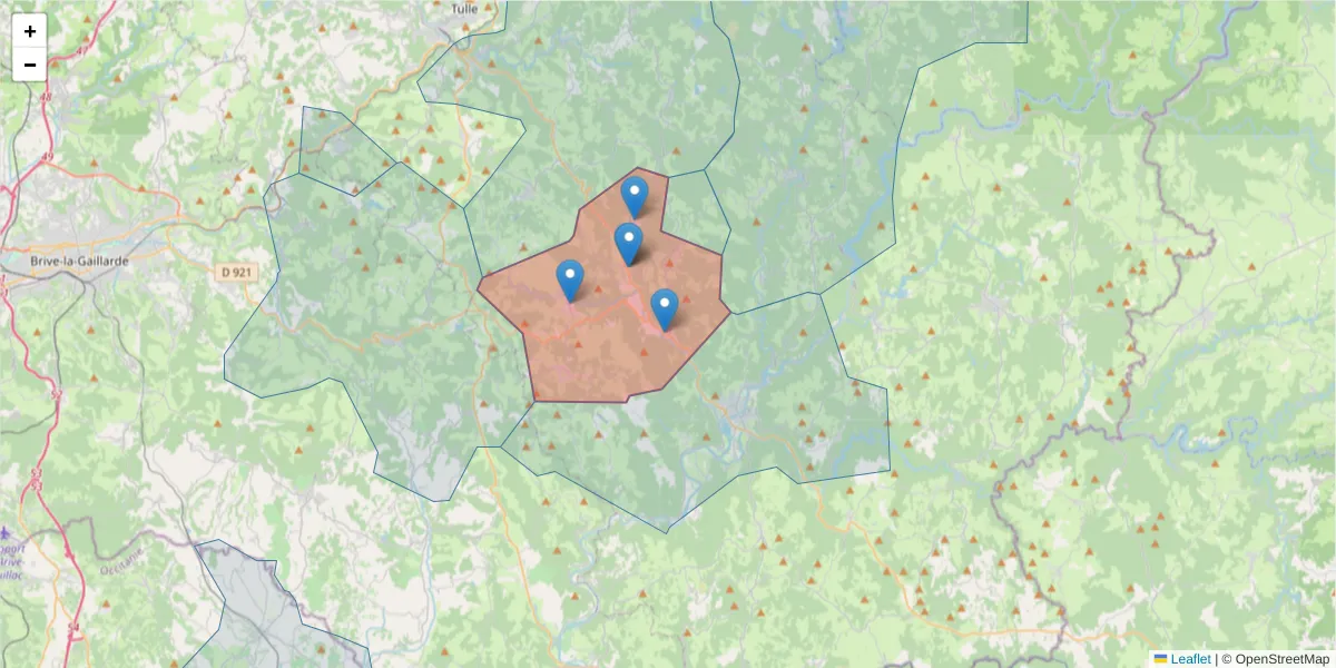 Carte de la zone du code postal  et des codes postaux voisins en France