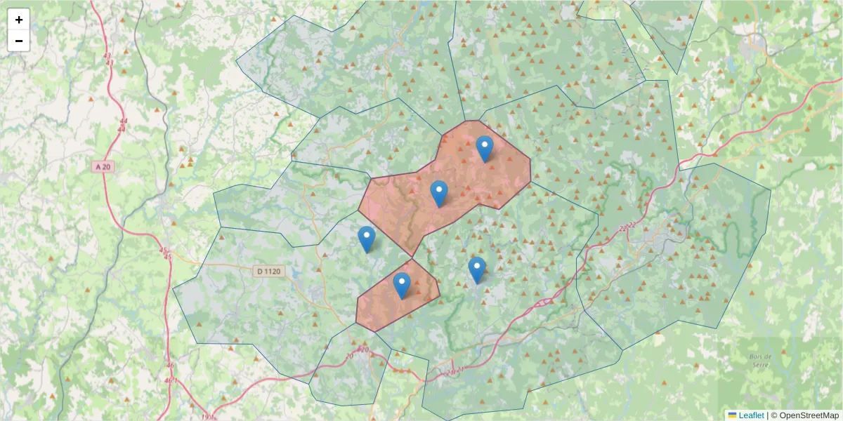 Carte de la zone du code postal  et des codes postaux voisins en France