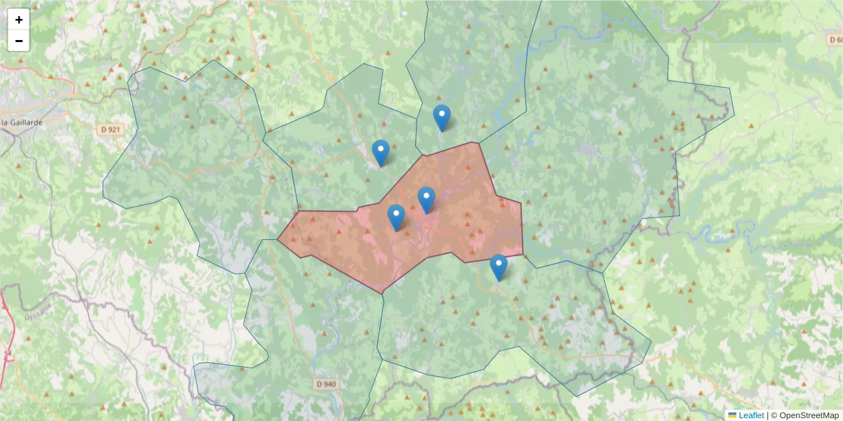 Carte de la zone du code postal  et des codes postaux voisins en France