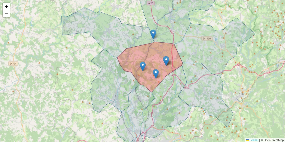 Carte de la zone du code postal  et des codes postaux voisins en France