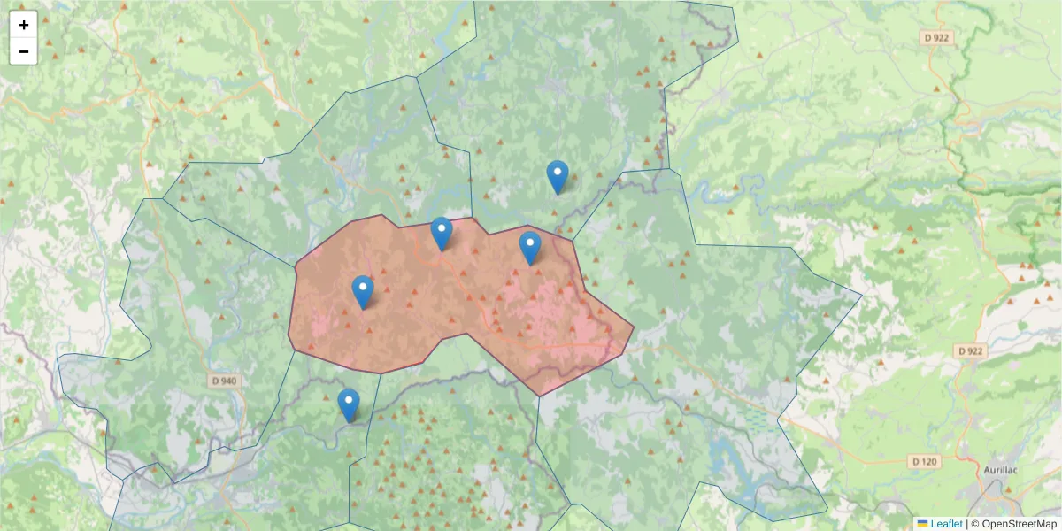 Carte de la zone du code postal  et des codes postaux voisins en France