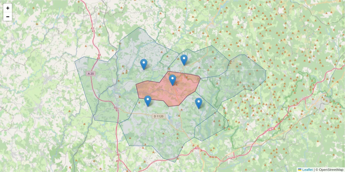 Carte de la zone du code postal  et des codes postaux voisins en France