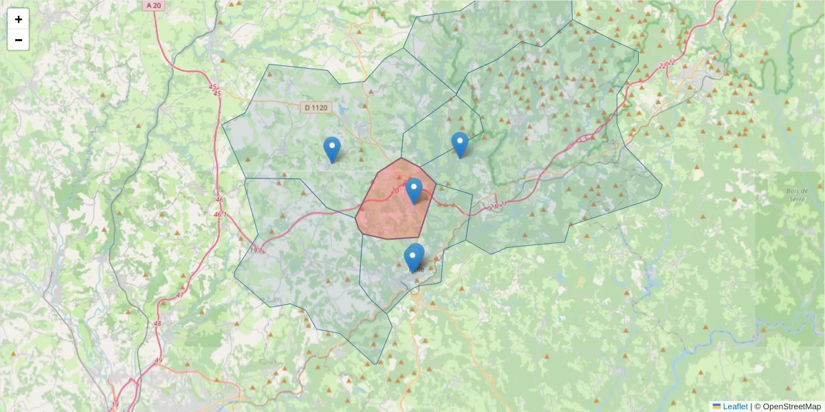 Carte de la zone du code postal  et des codes postaux voisins en France