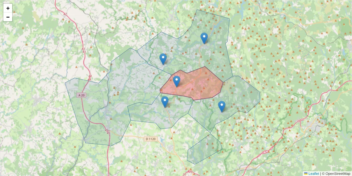 Carte de la zone du code postal  et des codes postaux voisins en France