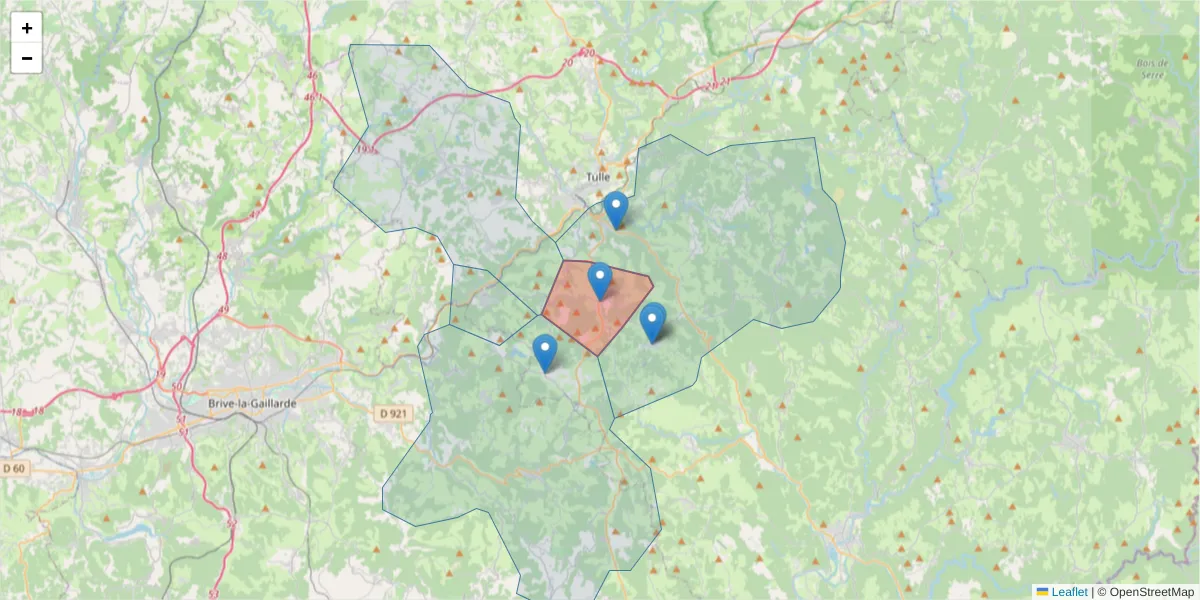 Carte de la zone du code postal  et des codes postaux voisins en France