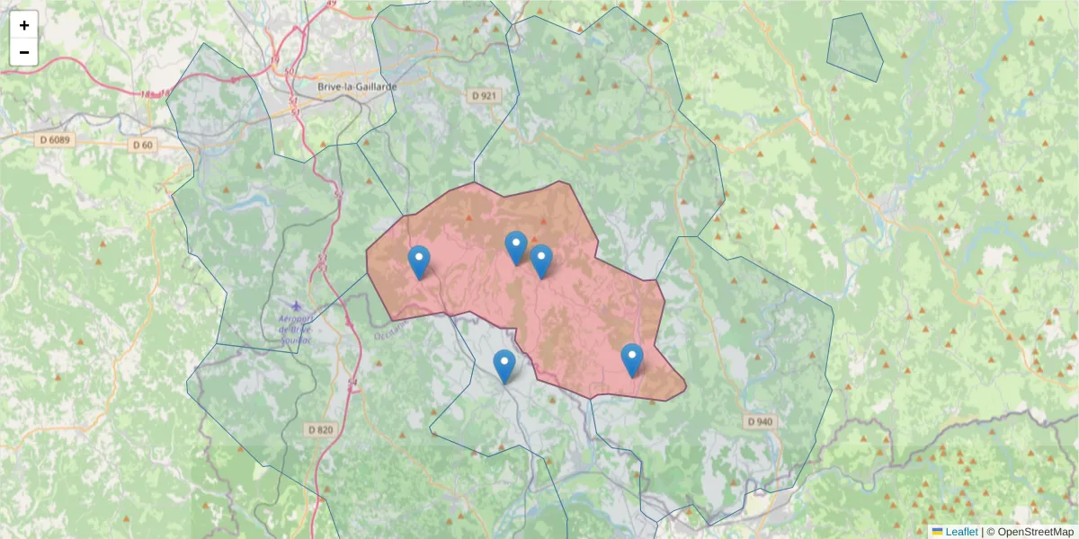 Carte de la zone du code postal  et des codes postaux voisins en France