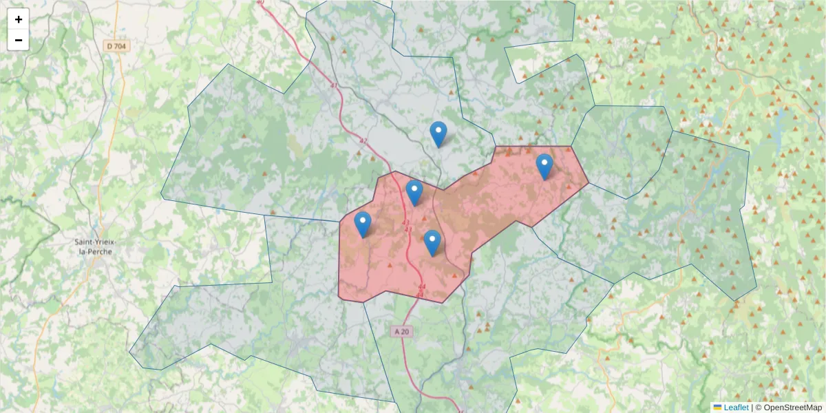 Carte de la zone du code postal  et des codes postaux voisins en France