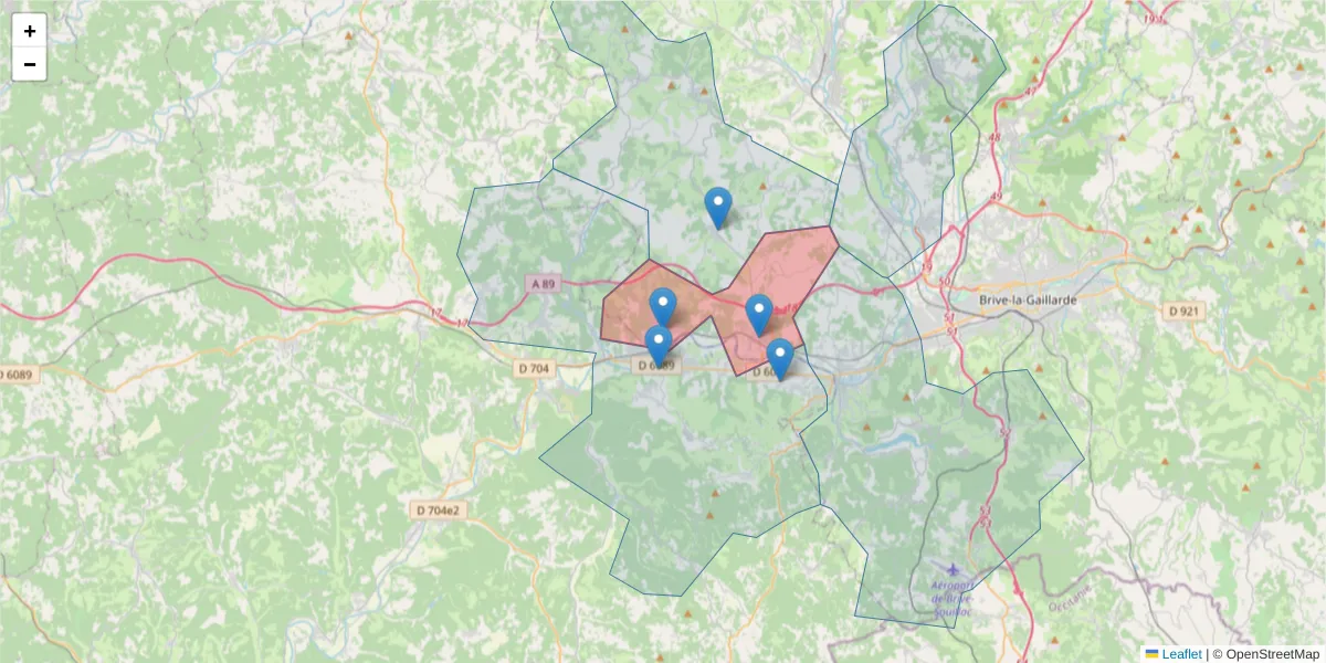 Carte de la zone du code postal  et des codes postaux voisins en France