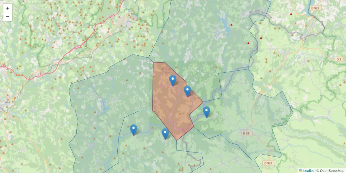 Carte de la zone du code postal  et des codes postaux voisins en France