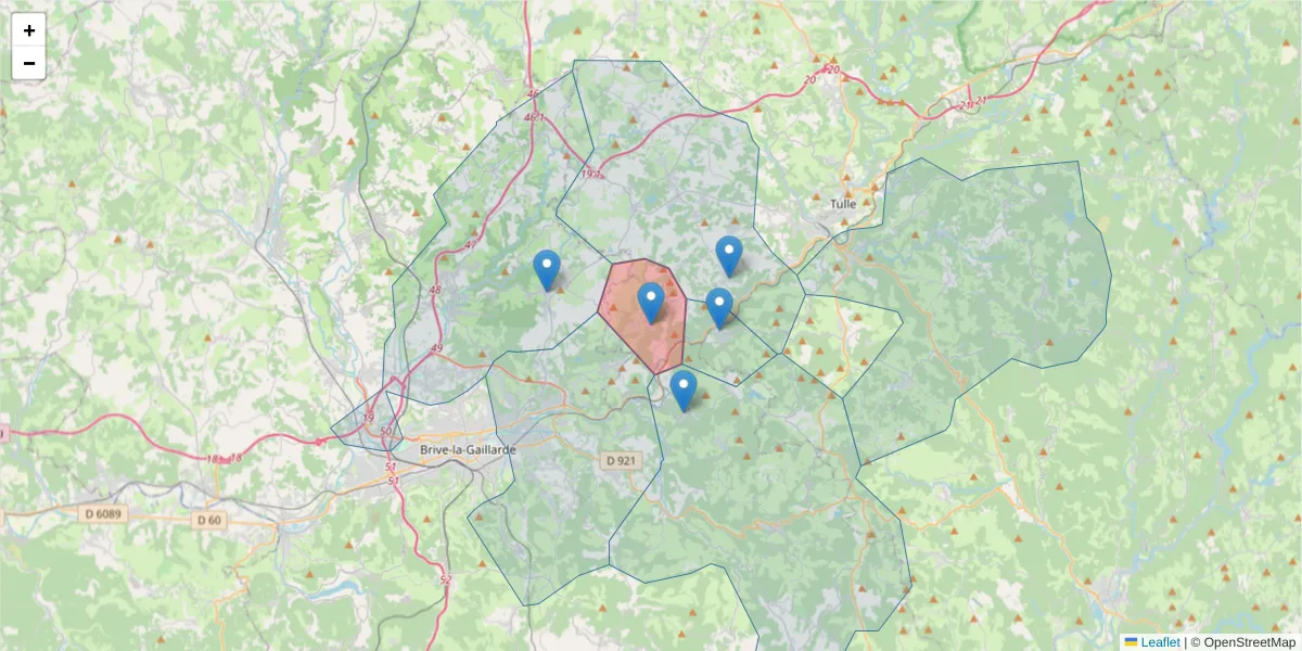 Carte de la zone du code postal  et des codes postaux voisins en France