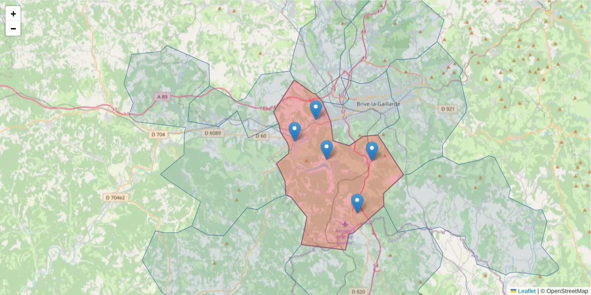 Carte de la zone du code postal  et des codes postaux voisins en France