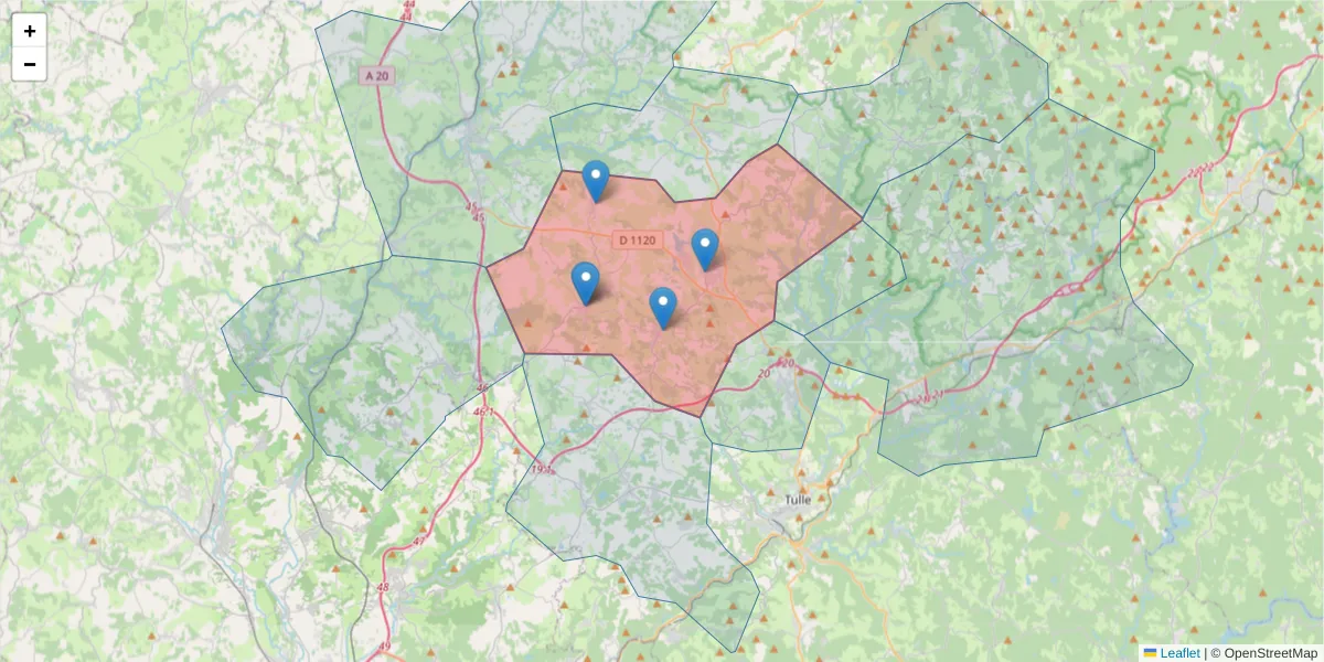 Carte de la zone du code postal  et des codes postaux voisins en France