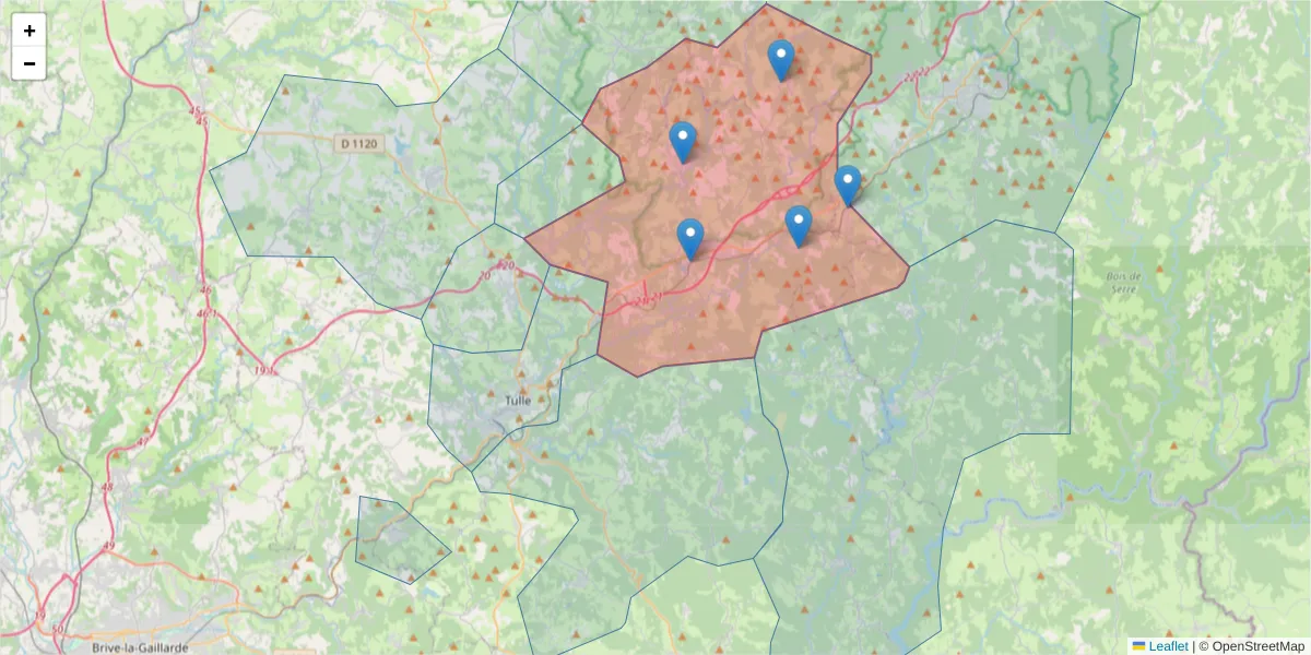 Carte de la zone du code postal  et des codes postaux voisins en France