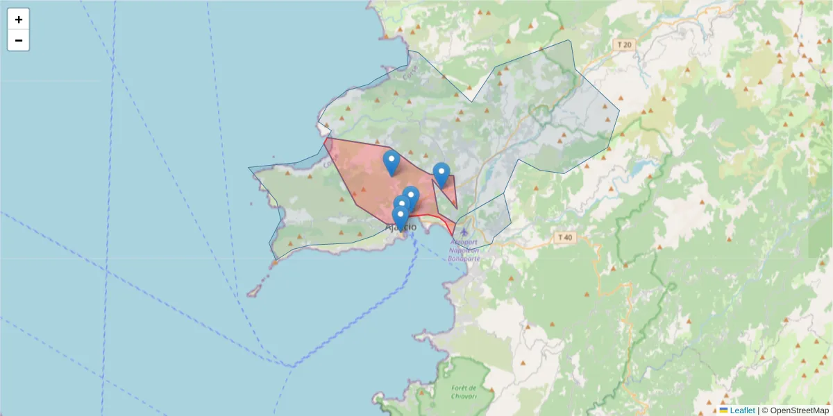 Carte de la zone du code postal  et des codes postaux voisins en France