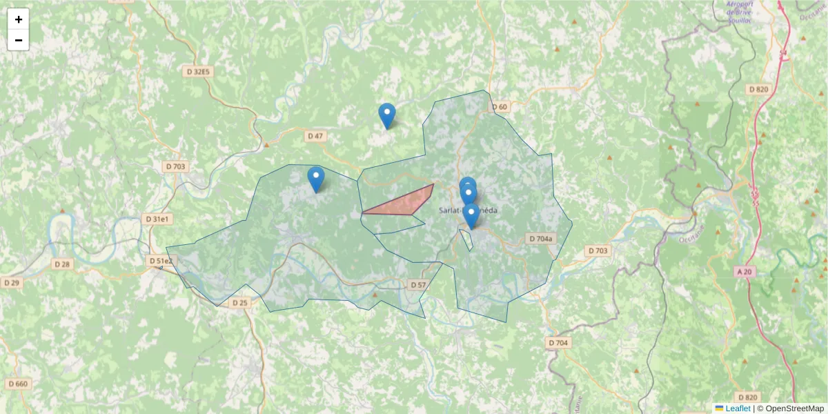 Carte de la zone du code postal  et des codes postaux voisins en France