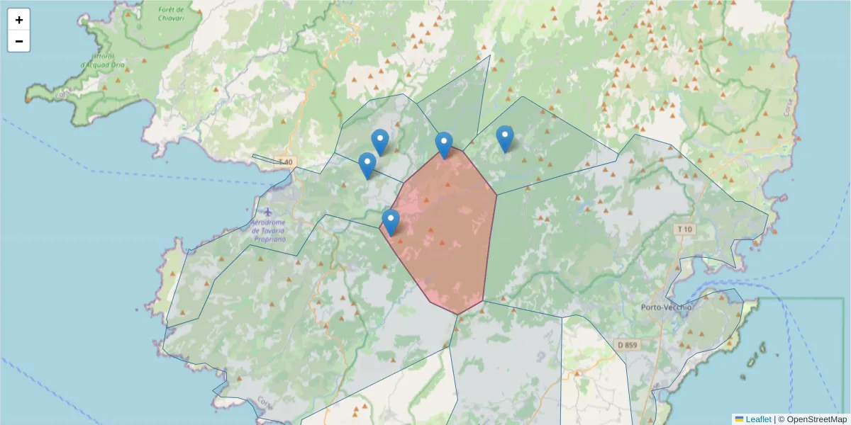 Carte de la zone du code postal  et des codes postaux voisins en France