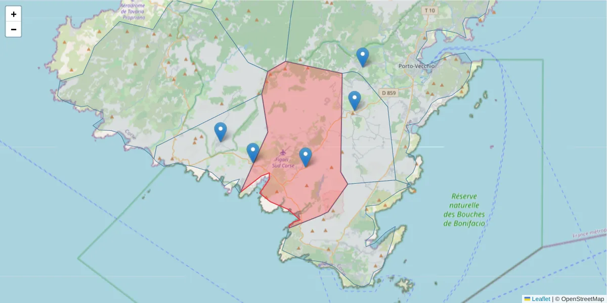 Carte de la zone du code postal  et des codes postaux voisins en France