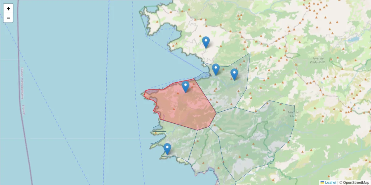 Carte de la zone du code postal  et des codes postaux voisins en France