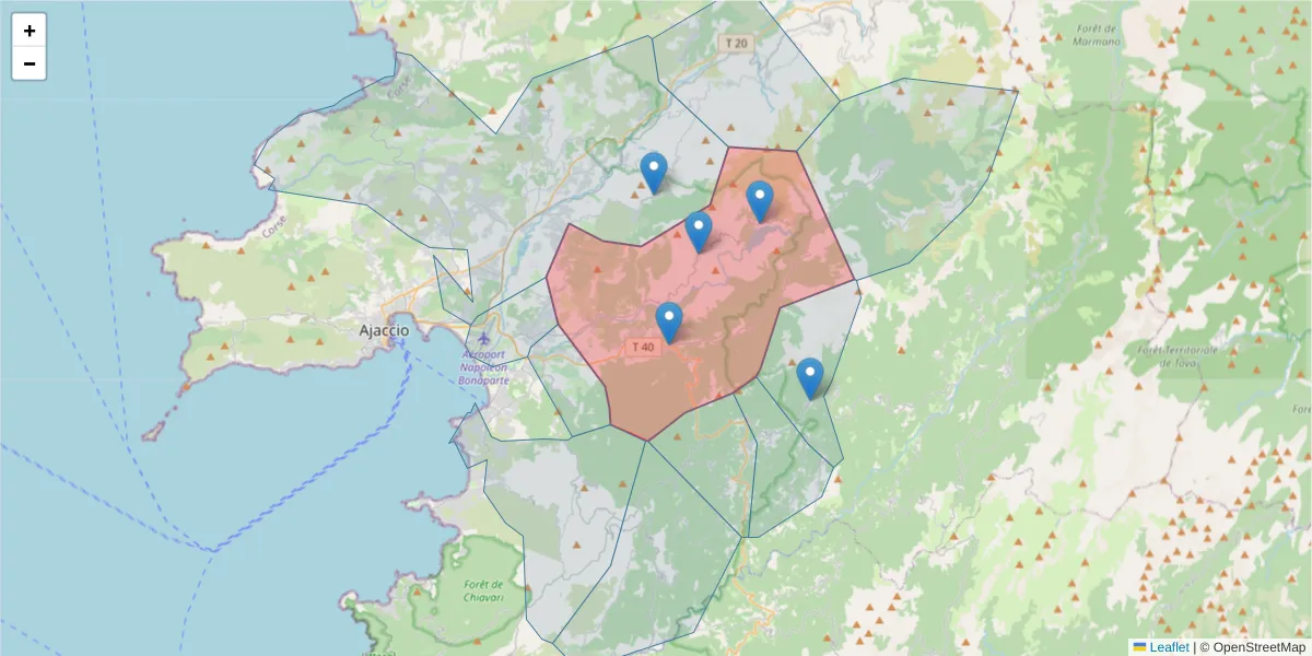 Carte de la zone du code postal  et des codes postaux voisins en France