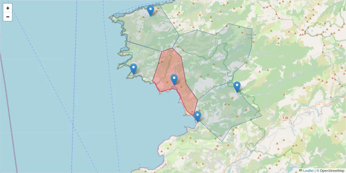 Carte de la zone du code postal  et des codes postaux voisins en France