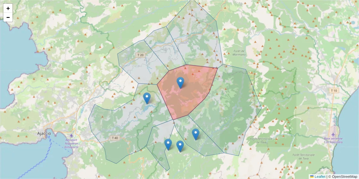Carte de la zone du code postal  et des codes postaux voisins en France