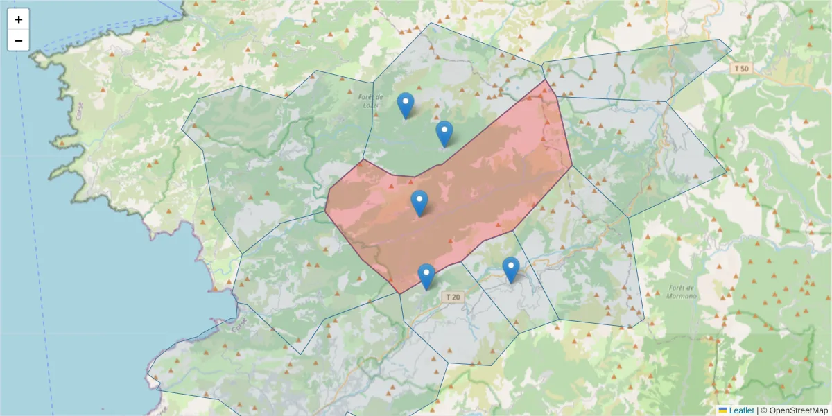 Carte de la zone du code postal  et des codes postaux voisins en France