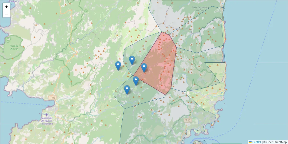 Carte de la zone du code postal  et des codes postaux voisins en France