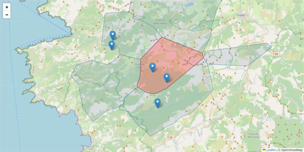 Carte de la zone du code postal  et des codes postaux voisins en France