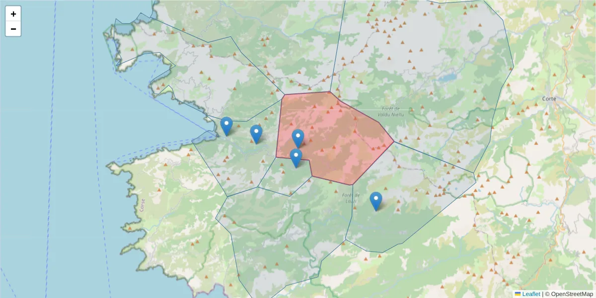 Carte de la zone du code postal  et des codes postaux voisins en France