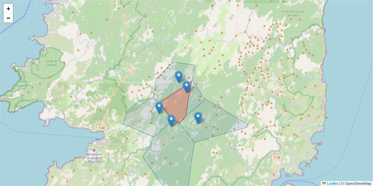 Carte de la zone du code postal  et des codes postaux voisins en France