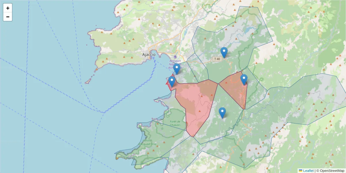 Carte de la zone du code postal  et des codes postaux voisins en France